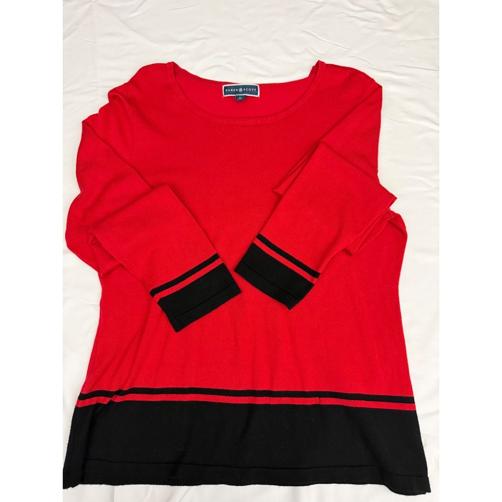 Karen‎ Scott Womens XL Red Black Colorblock Stripe Knit Sweater Scoop Neck Top